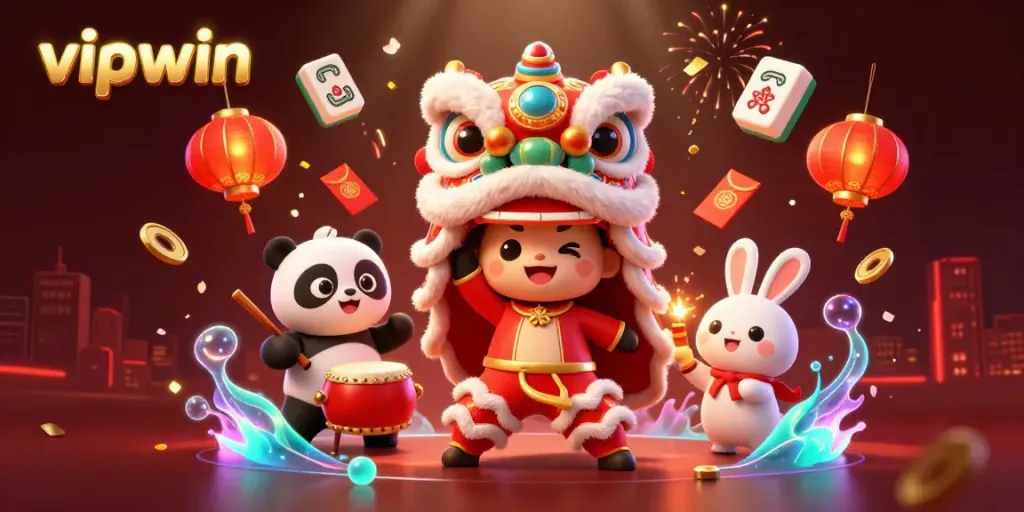 Join the fun at vipwin with a festive 3D scene featuring a dancing lion, drumming panda, and firecracker rabbit, celebrating with vibrant decorations.