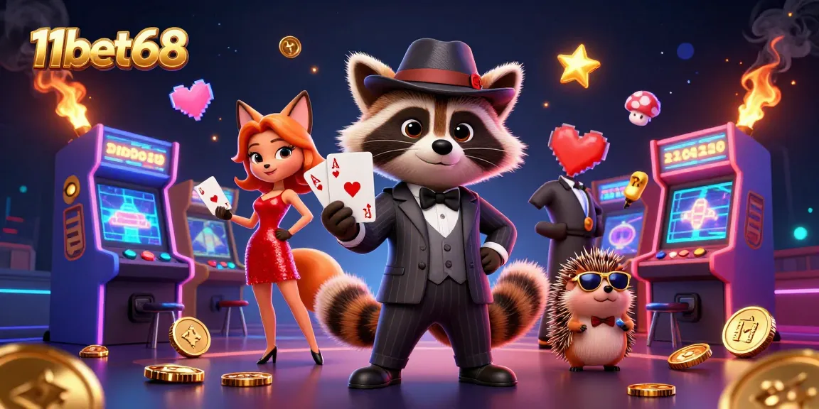 Experience thrilling payouts at 11bet68 with our raccoon in a royal flush surrounded by vibrant casino elements.