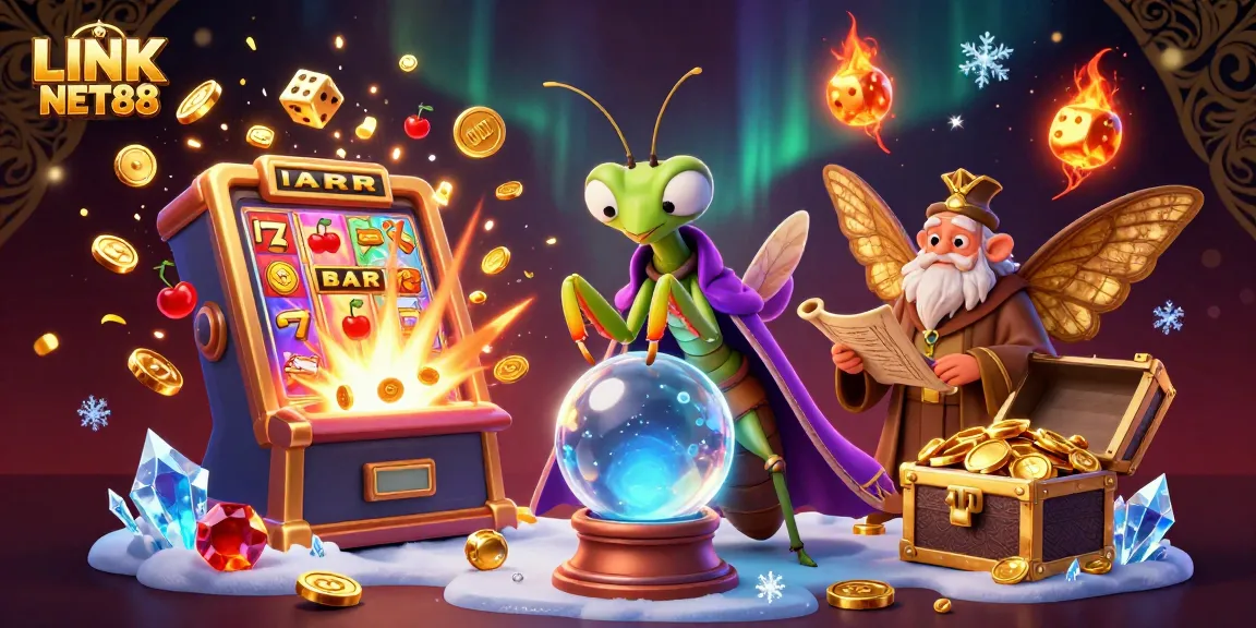 Engage with LINK NET88's thrilling casino games amid a vibrant 3D fantasy illustration featuring a fortune teller.