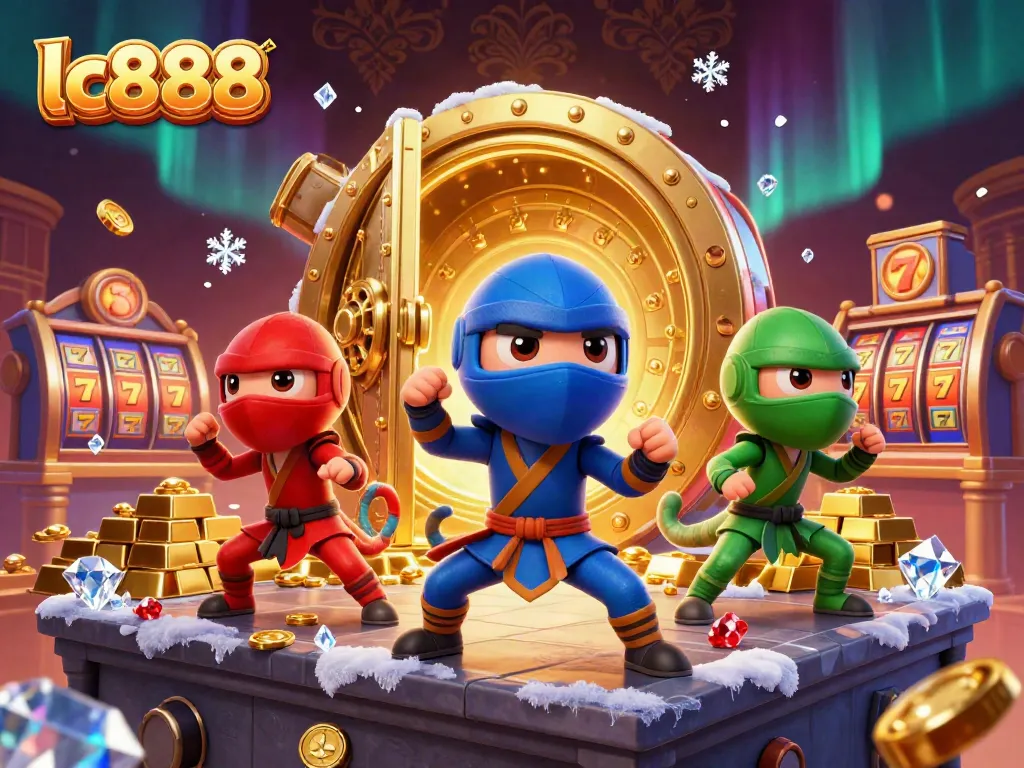 Synchronized ninja chameleons representing lc888 in an exciting casino scene with golden treasures.