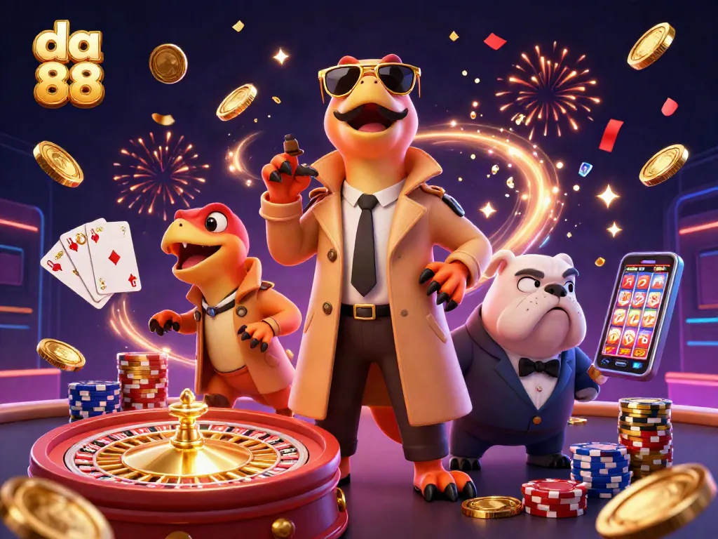 Experience da 88 in a lively casino scene with raptors, gold coins, and spinning roulette wheels.