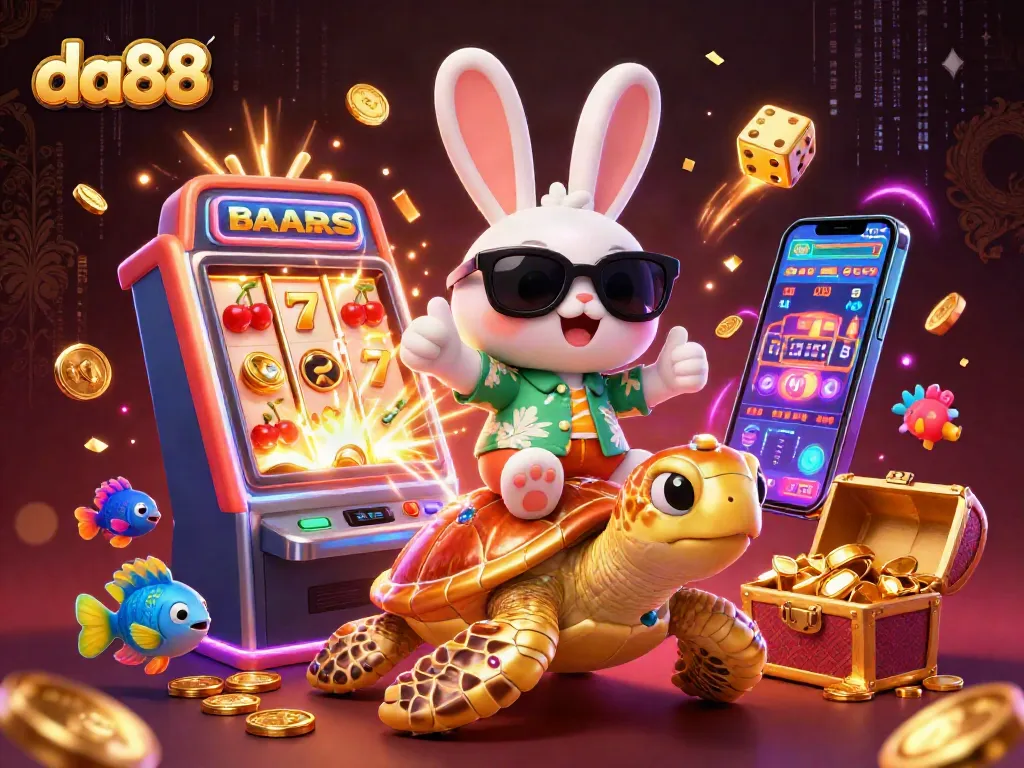 Engage with da88 casino action featuring a vibrant lucky rabbit and golden turtle amidst slot wonders.
