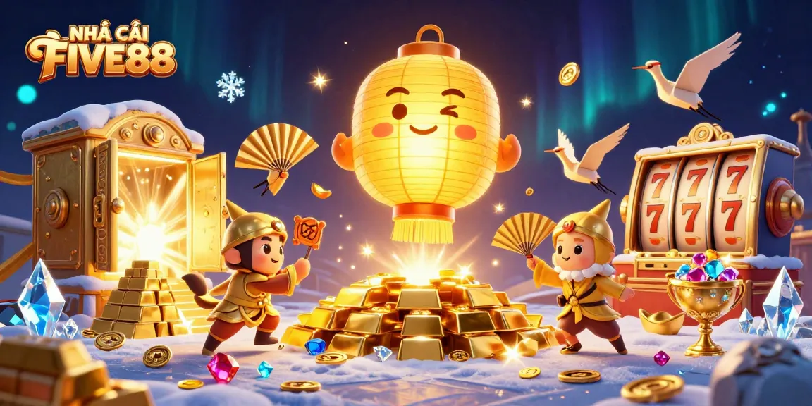 Engage with the dynamic NHÀ CÁI FIVE88 gaming experience amidst golden treasures and lively casino elements.