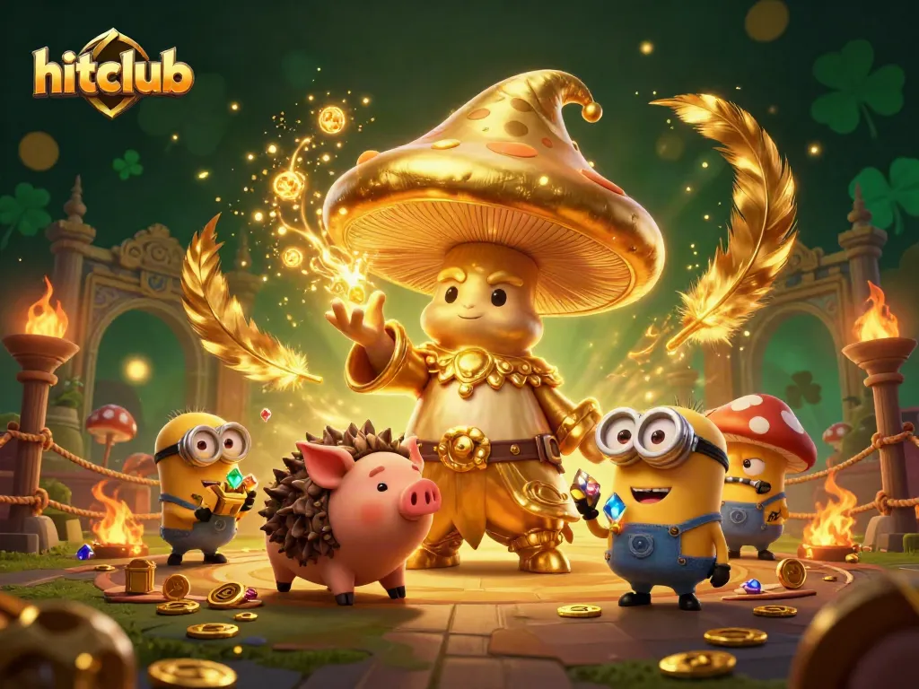 Hitclub players spinning winning slot reels with the golden wizard and treasure-seeking pig amidst a magical, casino-themed scene.