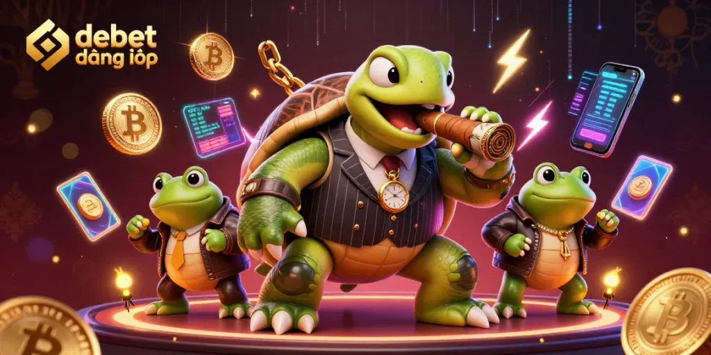 Engage in debet đăng nhập with a lively casino scene featuring a stylish snapping turtle and bullfrog enforcers.