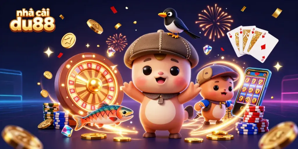 Place your bets with nhà cái du88 in an exciting 3D cartoon casino scene full of vibrant action.