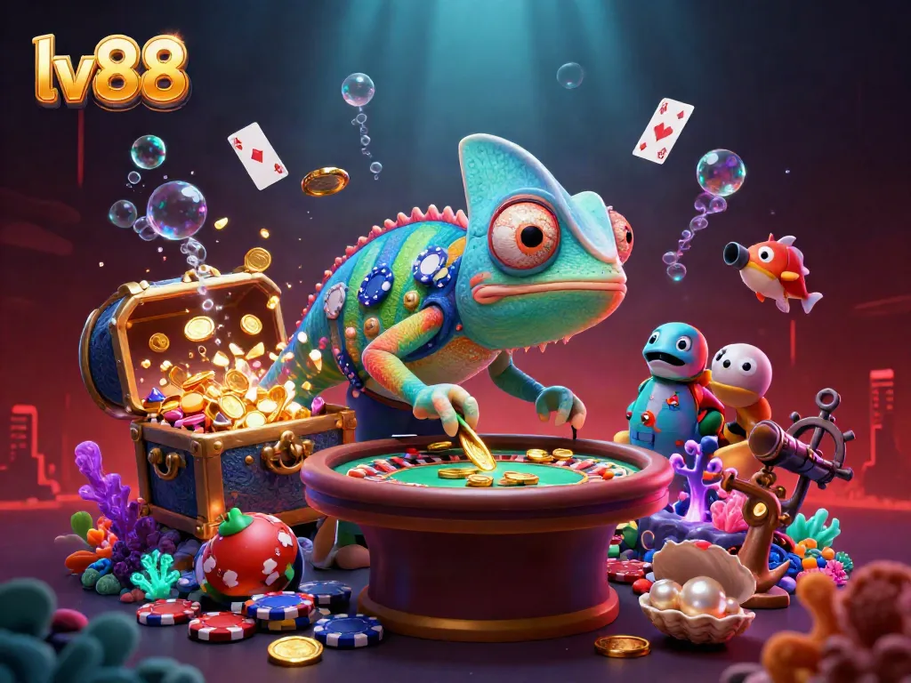 Engage with the vibrant lv88 gaming scene featuring a chameleon casino owner interacting with treasure elements.