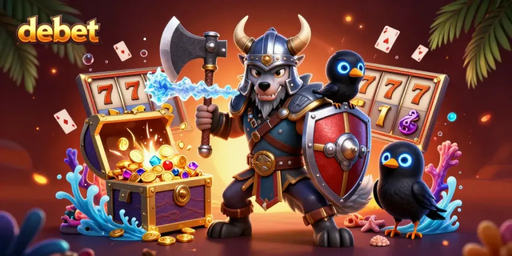 Experience thrilling gameplay with debet's Viking wolf, dragon, and raven surrounded by sparkling slot rewards.