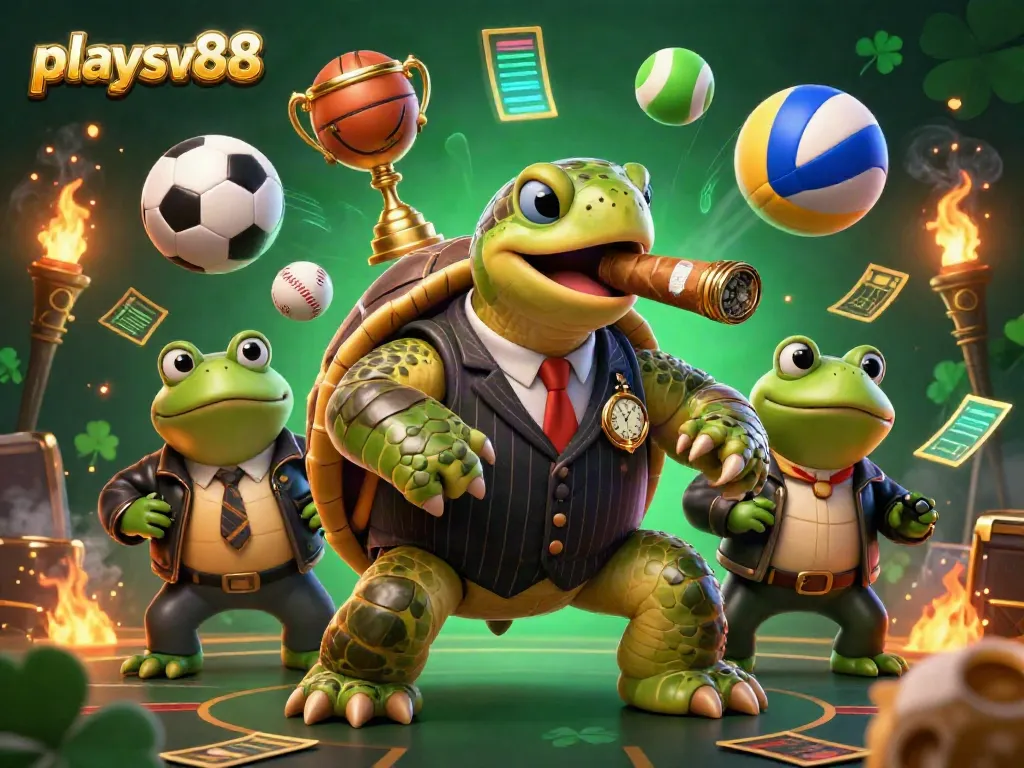 Experience dynamic sports betting excitement with playsv88's vibrant casino illustration featuring an engaging turtle mobster.