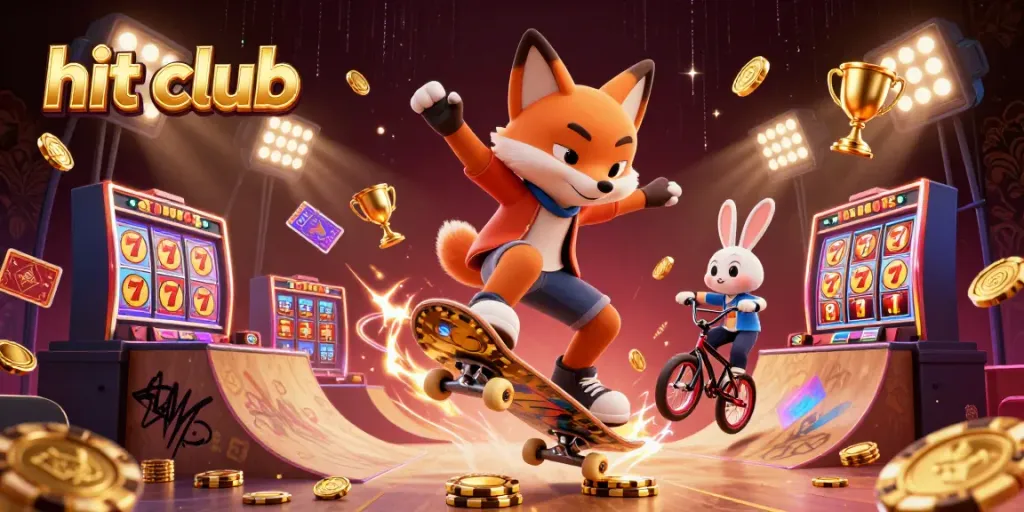 Experience thrilling gameplay at hit club with an engaging cartoon scene of slots and dynamic characters.