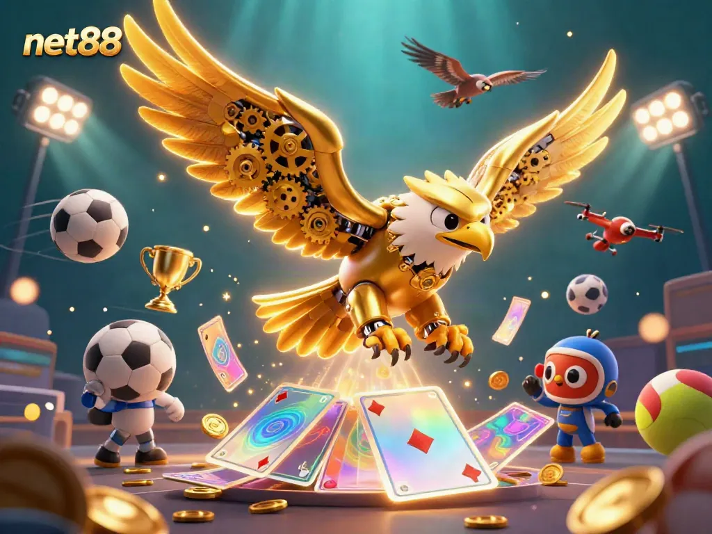 Experience the thrill of net88 with a dynamic 3D illustration featuring a golden eagle diving through holographic casino elements.