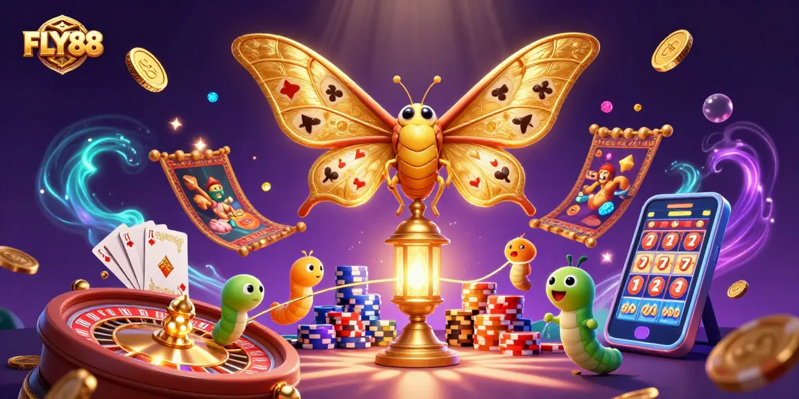 Step into the exciting world of FLY88 with this vibrant casino-themed illustration, capturing action-packed gaming elements.