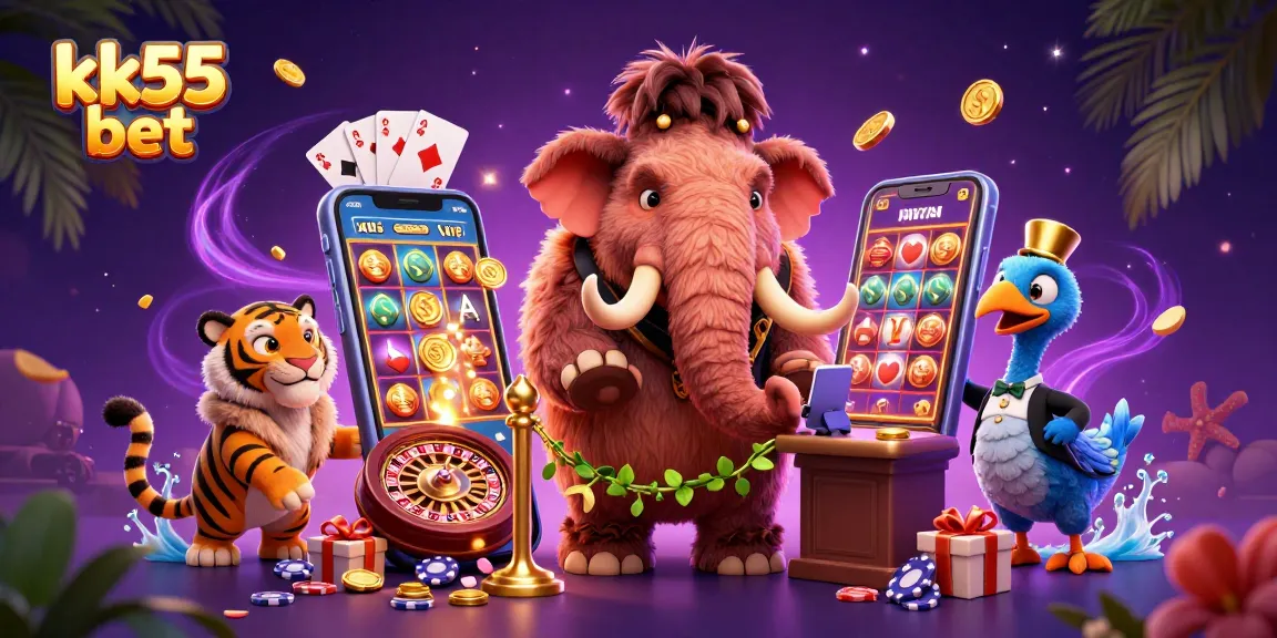 Engage with kk55 bet at a vibrant casino scene featuring lively characters and gaming elements.
