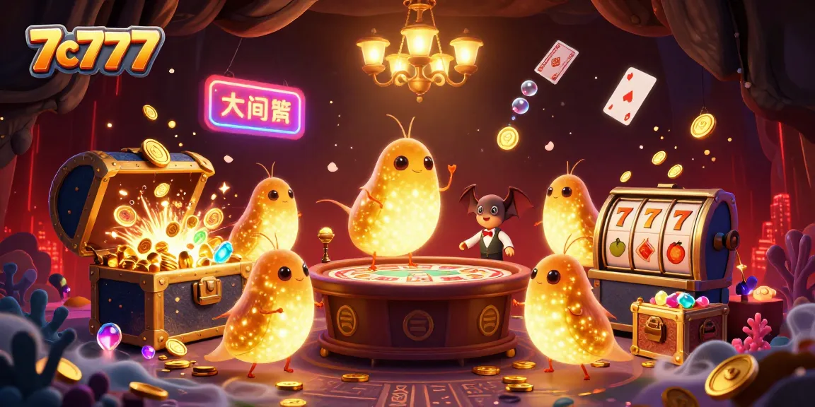 Experience the energetic glow of 7c7777 as cartoon glowworms illuminate a vibrant casino scene filled with treasures and games.
