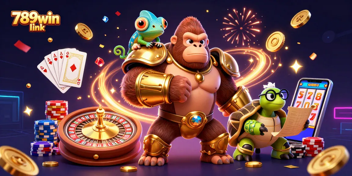 Experience the thrill of winning with the 789win link, featuring a powerful gorilla king and a wise tortoise in a vibrant casino scene.