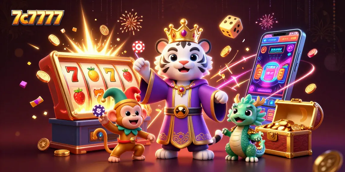 Experience the vibrant energy of 7c7777 casino games with playful characters and dynamic slot elements.