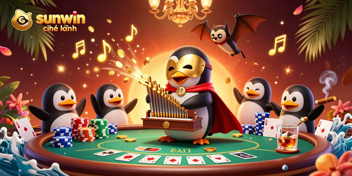 Experience the thrill of sunwin chính hãng as the phantom penguin plays for golden coins while acrobats entertain.
