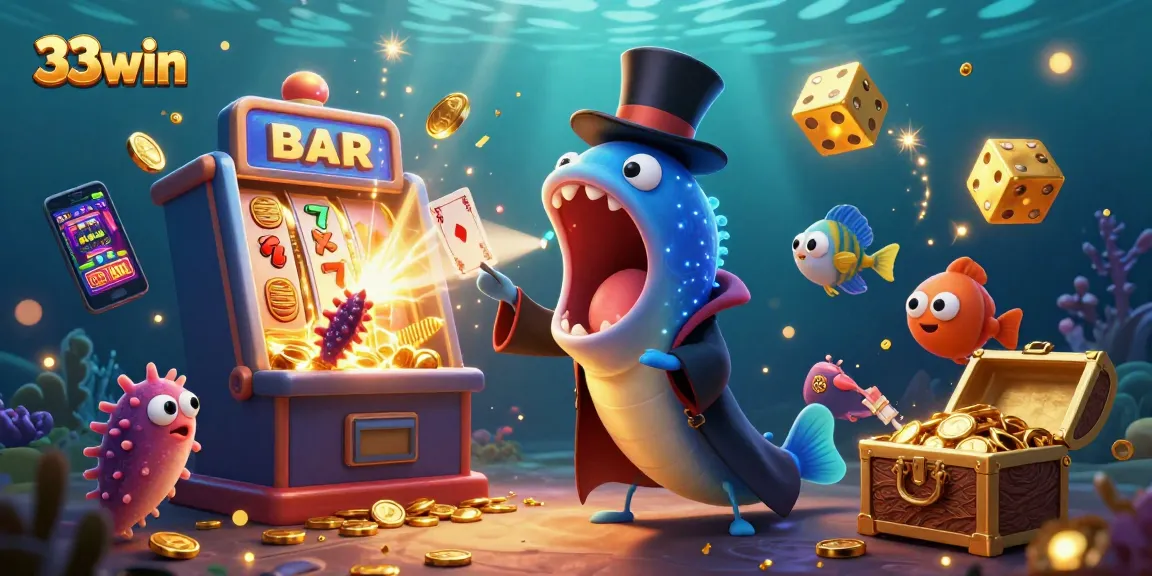 Win big with 33win in this vibrant 3D underwater casino scene featuring magical sea creatures.