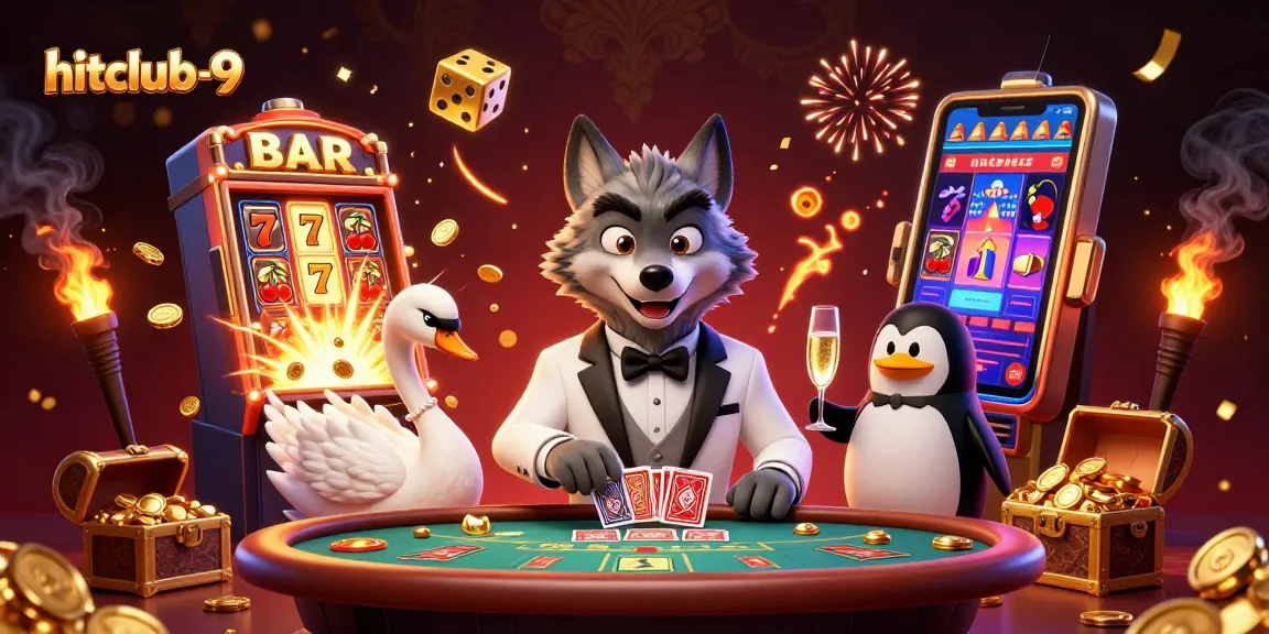 Experience thrilling gameplay at hitclub-9 with animated characters enjoying slot machine wins and baccarat.