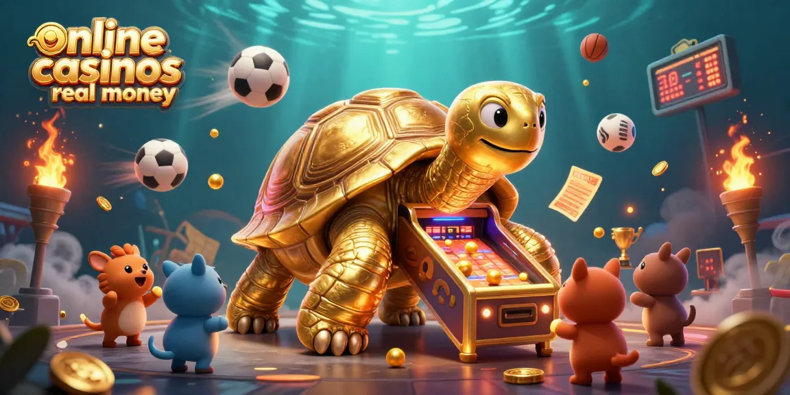 Engage with online casinos real money in a vibrant 3D gaming scene featuring a colossal tortoise and sports elements.