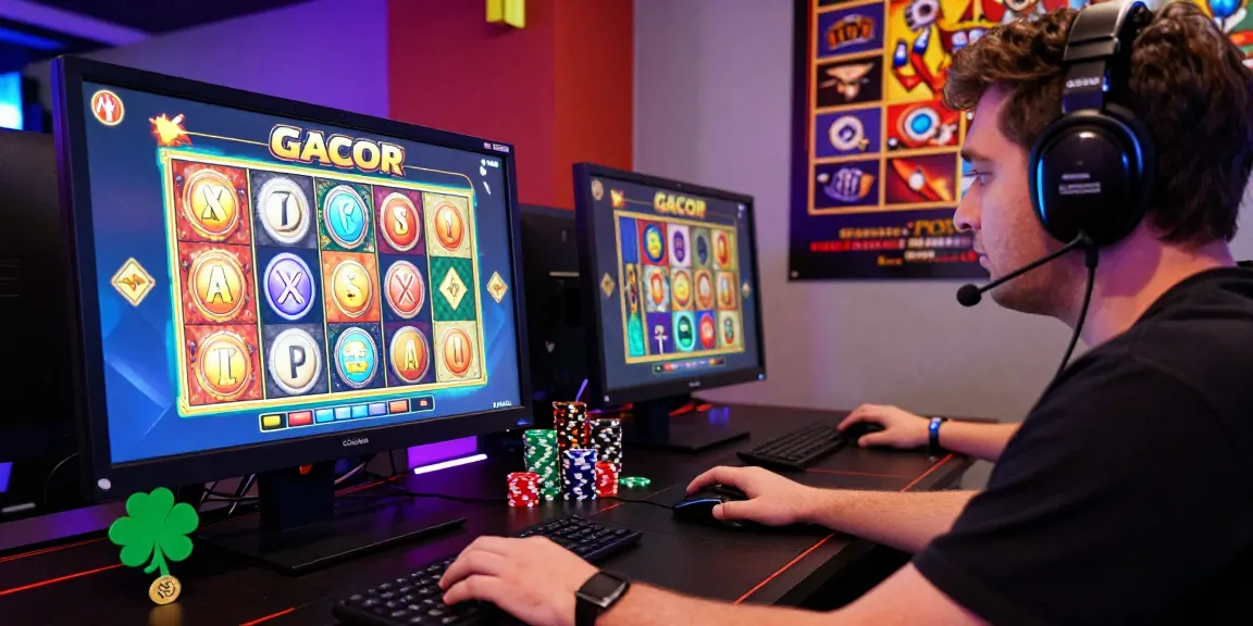 Engaging online gaming setup with a player focused on slot gacor options, showcasing vibrant graphics and gaming accessories.
