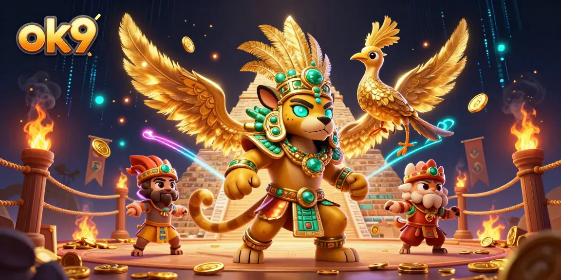 Bet on the exciting scene with ok9: a Mayan jaguar priest alongside unique casino elements.