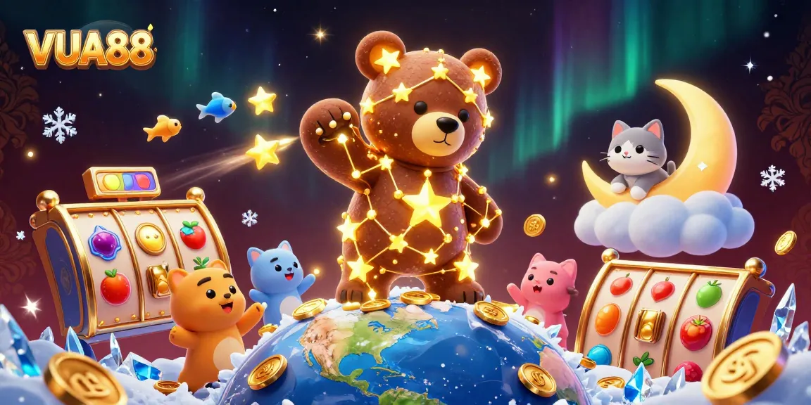 Experience thrilling spins with VUA88 as the constellation bear scoops up coins amid dazzling slot reels and jackpots.