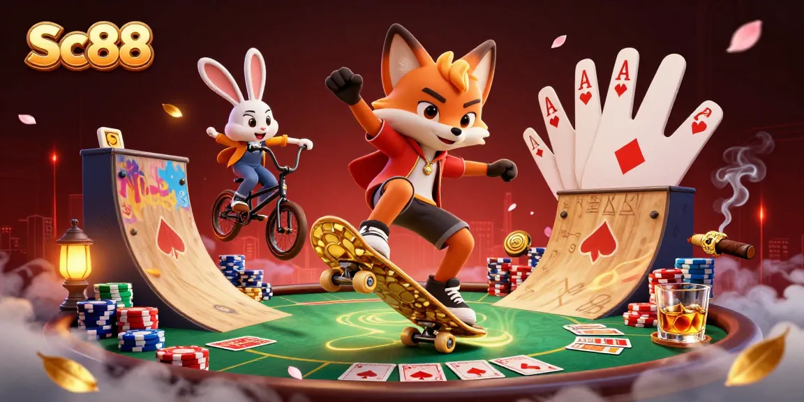 Sc88 showcases a vibrant 3D scene with a skateboard player and a BMX rabbit amidst casino symbols.