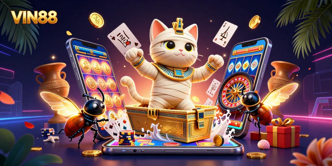 Experience thrilling moments at VIN88 with a vibrant digital illustration showcasing casino games action.