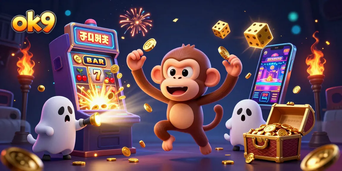 ok9 offers a thrilling casino experience with animated characters juggling coins and chips in a vibrant scene.