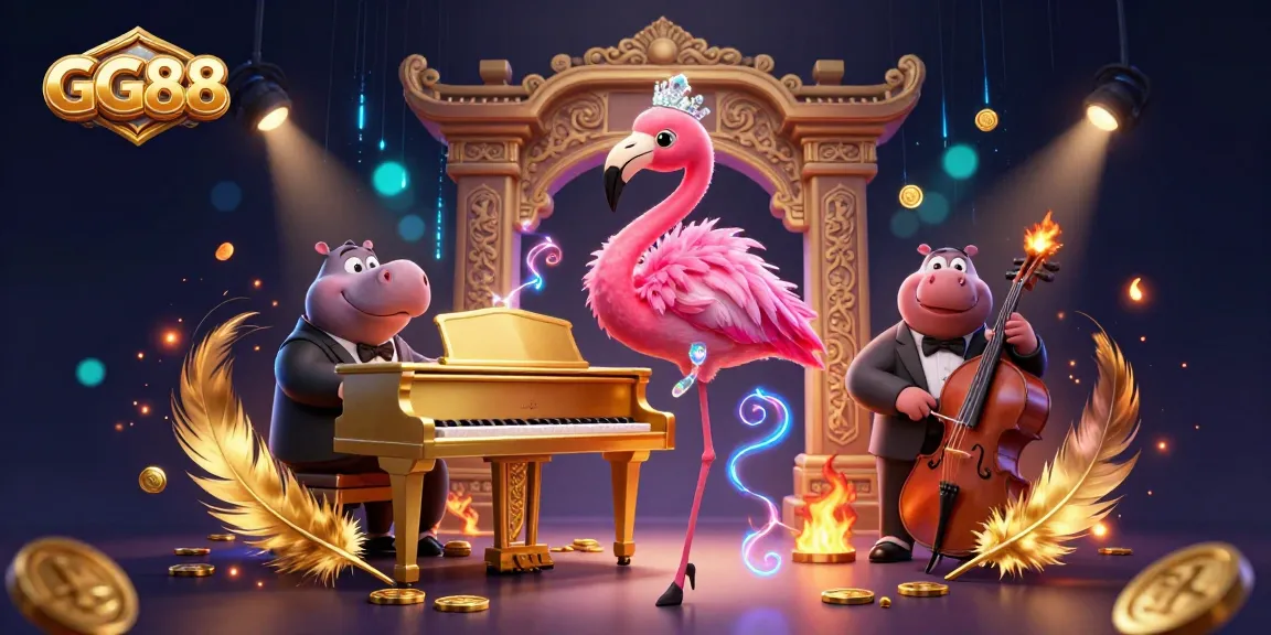 Experience the excitement at GG88 with a flamingo and hippo in a vibrant casino setting.
