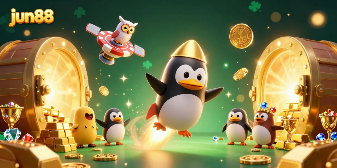 Experience the excitement of jun88 with a golden penguin and casino-themed visuals bursting with treasure.