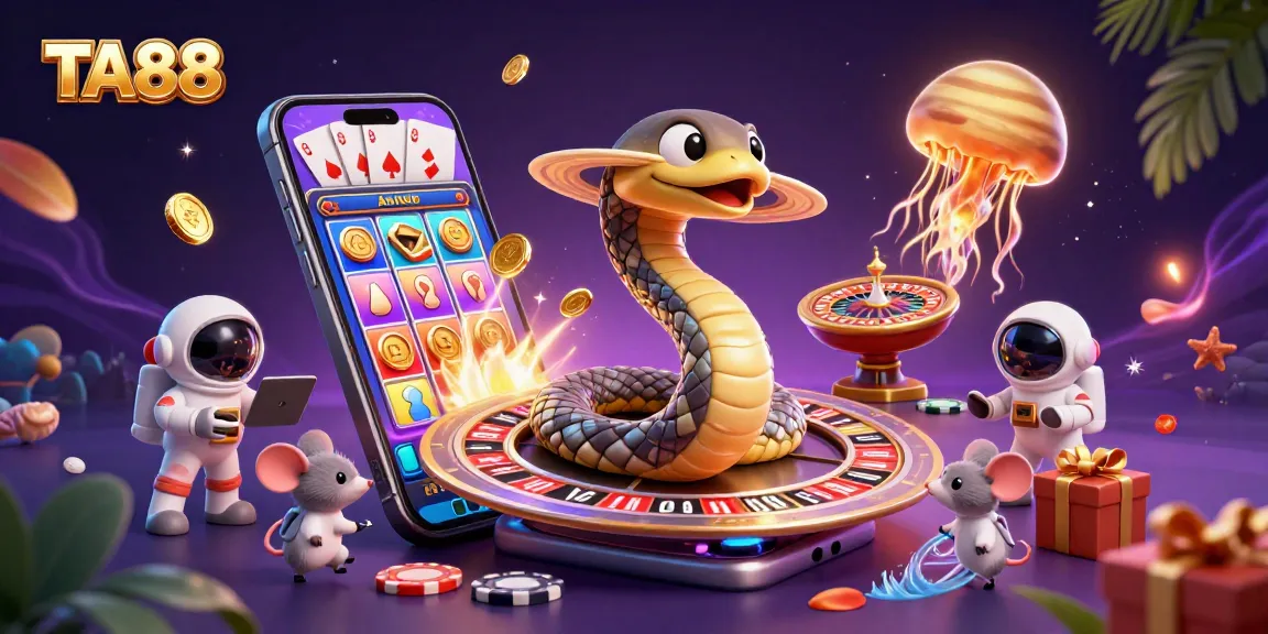 TA88 players betting on a cosmic roulette wheel with vibrant game elements and prizes