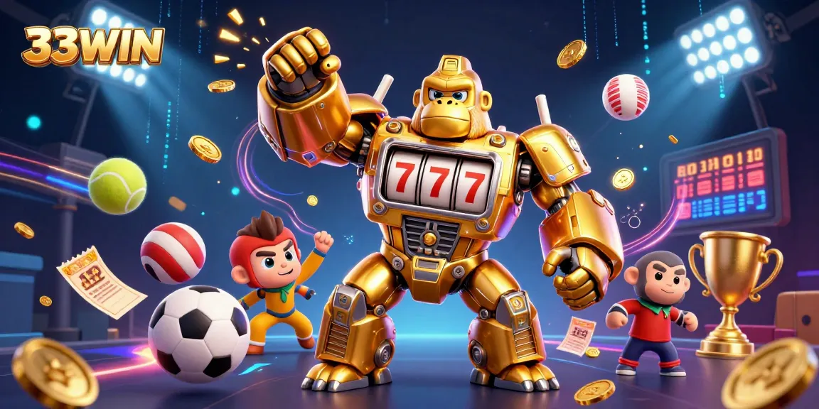 Engage with 33WIN's electrifying gaming experience featuring a dynamic gorilla mech and vibrant sports elements.