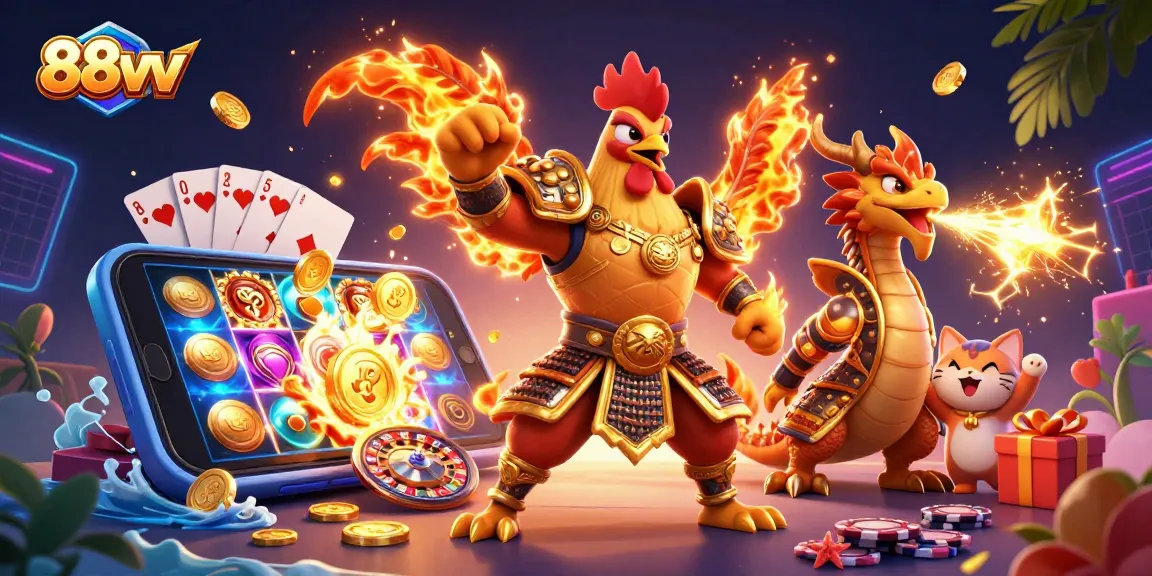 Engage in thrilling gameplay at 88vv featuring an animated rooster warrior and gambling elements.