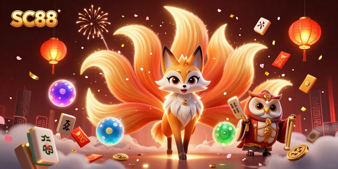 Experience SC88's vibrant atmosphere with a nine-tailed fox and other spirits playing in a lively casino scene.