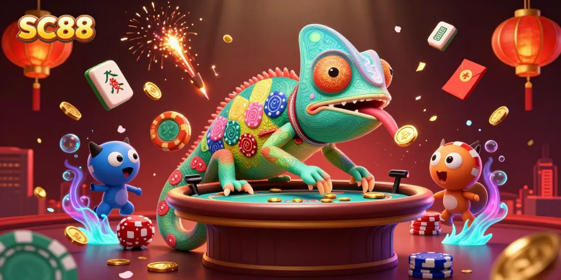 SC88 features a vibrant chameleon casino owner amidst gaming excitement, showcasing poker, mahjong, and casino ambiance.