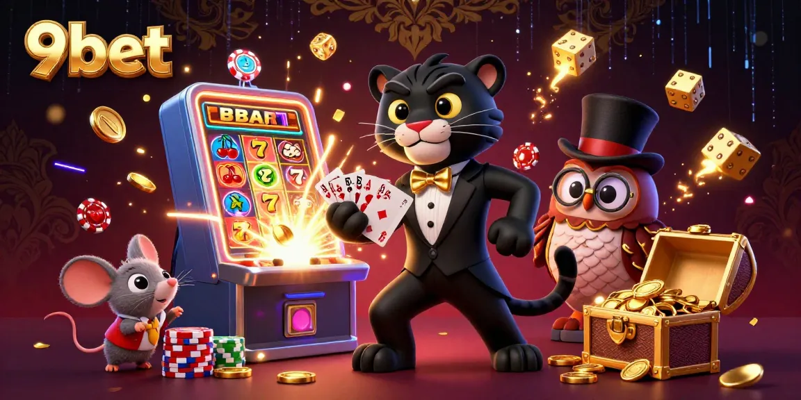 Experience exhilarating gameplay with 9bet featuring the panther dealing cards, while winning coins burst from a slot machine.