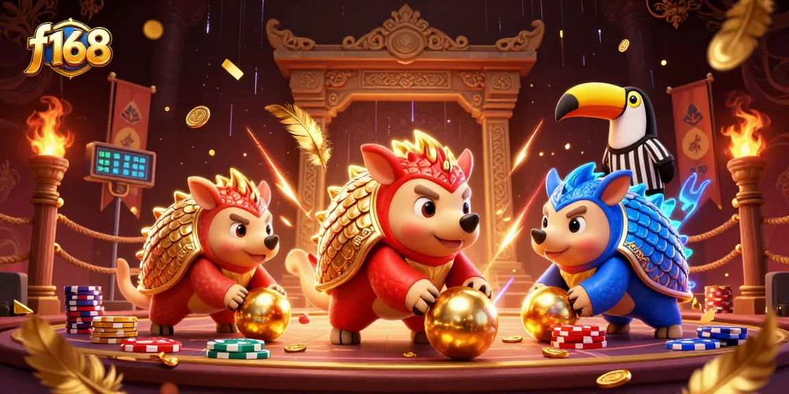 Experience the dynamic f168 game scene featuring rival pangolins bowling through chips with a toucan referee.