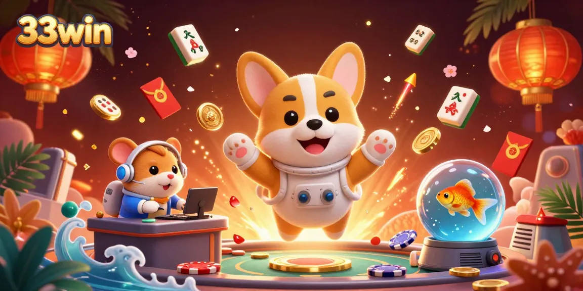 Engage in thrilling gameplay with 33win as the lively casino scene unfolds with a floating corgi.