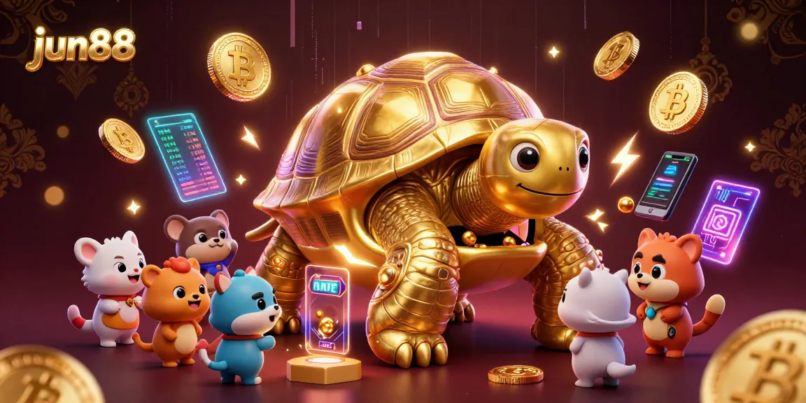 Experience fun gaming with jun88's colossal golden tortoise pinball machine in a vibrant casino scene.
