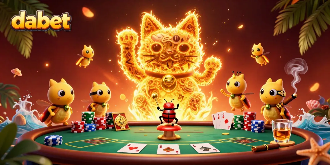 Experience the excitement of dabet with a vibrant lucky cat and poker elements in a dynamic casino scene.