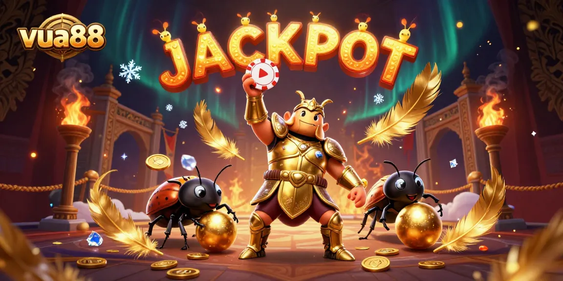 Win big with viu88's exciting games as a hercules beetle celebrates a jackpot victory with friends.